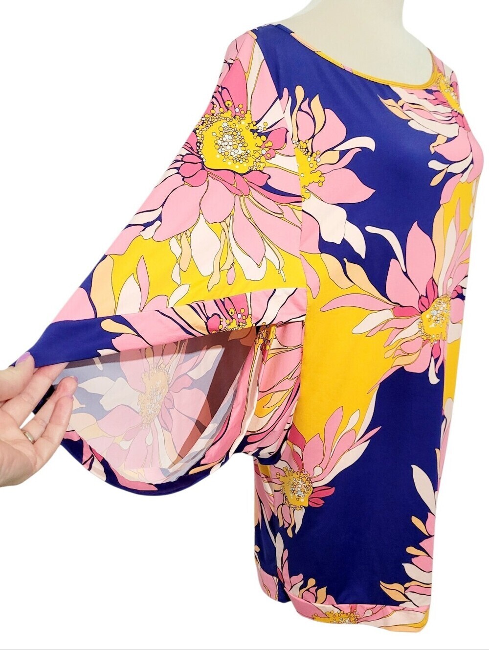 Trina Turk Floral Shift Dress Large L Pink Yellow Blue Bell Sleeve Stretch Beach - Picture 3 of 11